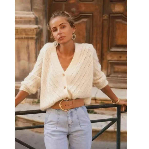 V-Cut Buttoned Down Off White Knit Cardigan Textured, Long Sleeve - Picture 3 of 12